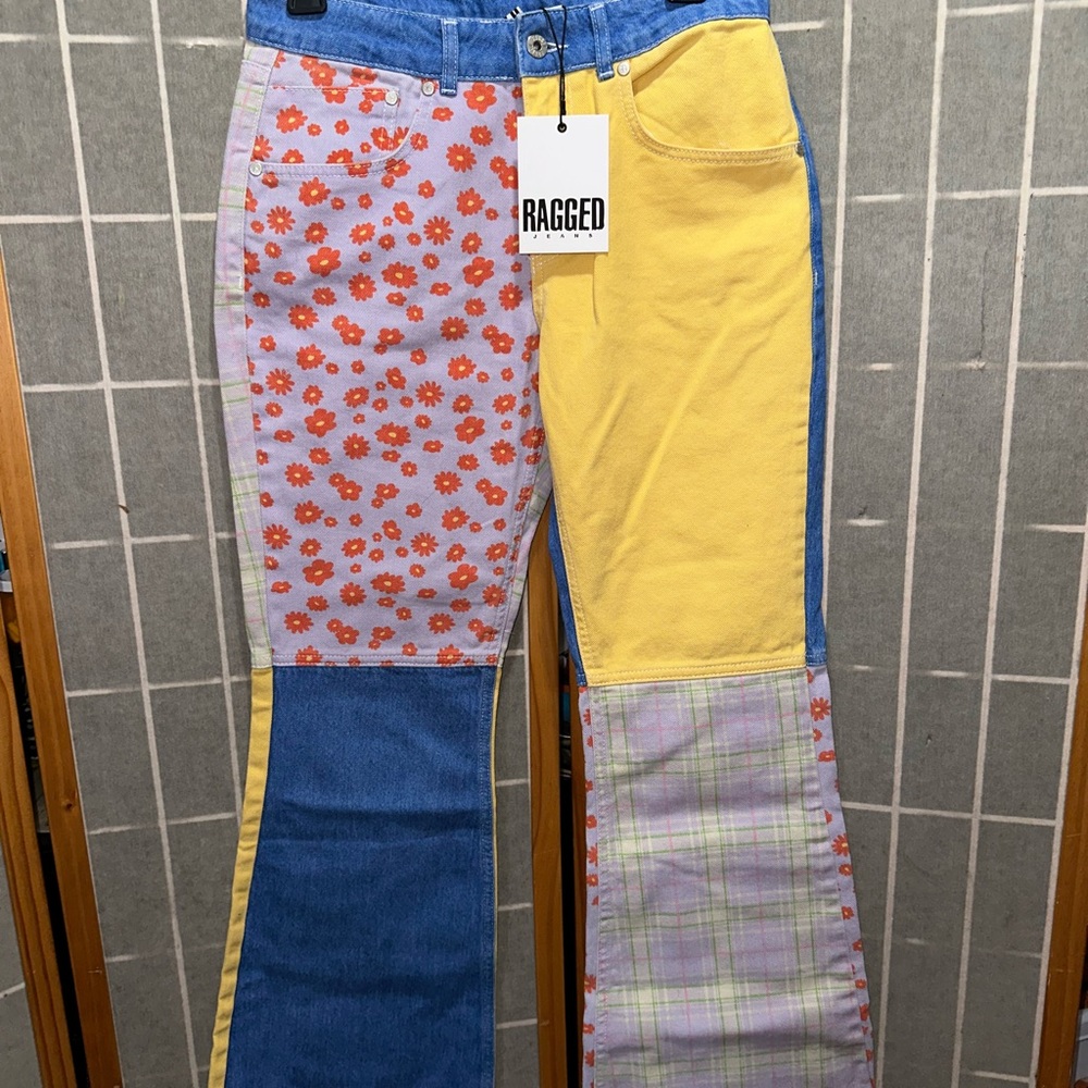 FULL OUTFIT Free People Black Corset Back Bodysuit and Colorful Patchwork Jeans - Picture 6 of 8